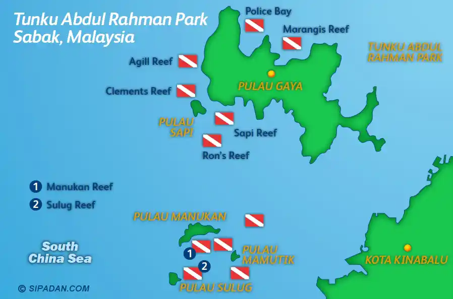 Detailed dive site map of Tunku Abdul Rahman Park in Sabah, showing the islands and popular scuba locations near Kota Kinabalu like Agill Reef and Sapi Reef.