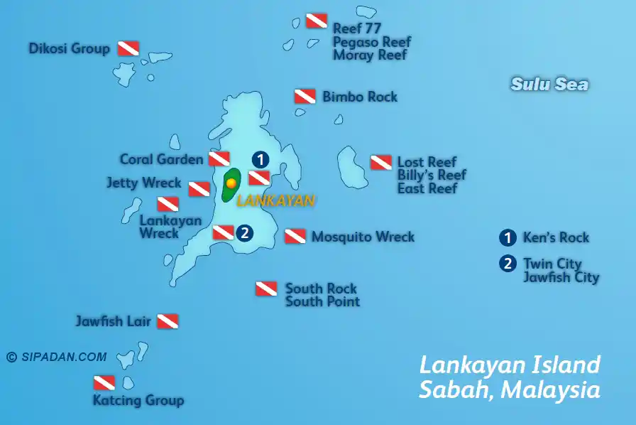 Illustrated dive site map for Lankayan Island, Sabah, highlighting popular wreck dives like the Lankayan Wreck and macro spots like Jawfish Lair.