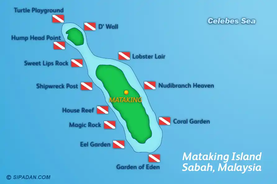 Illustrated dive site map of Mataking Island in Sabah, showing popular locations like the Underwater Post Office shipwreck, Turtle Playground, and Nudibranch Heaven.