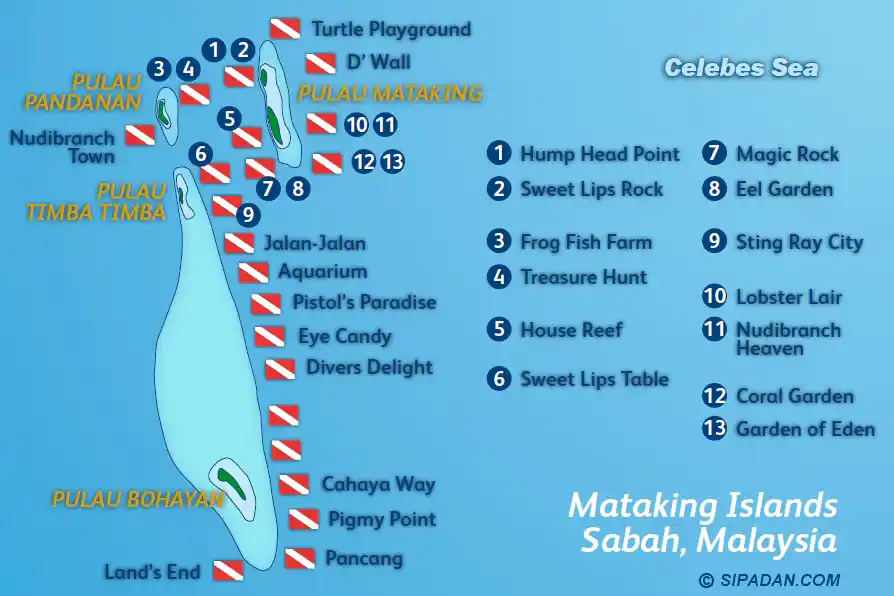 Detailed dive site map of the Mataking Islands group in Sabah, including Pulau Pandanan and Timba Timba, with dive sites like Frog Fish Farm and Nudibranch Heaven.