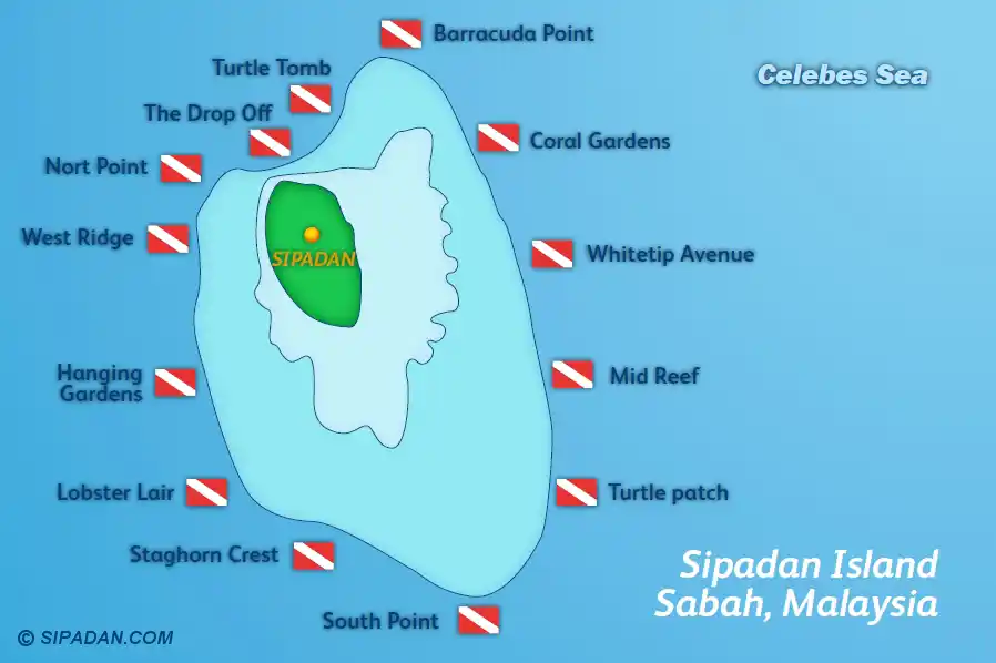 Illustrated dive site map of Sipadan Island in Sabah, Malaysia, detailing the names and locations of all the premier dive sites around the atoll.