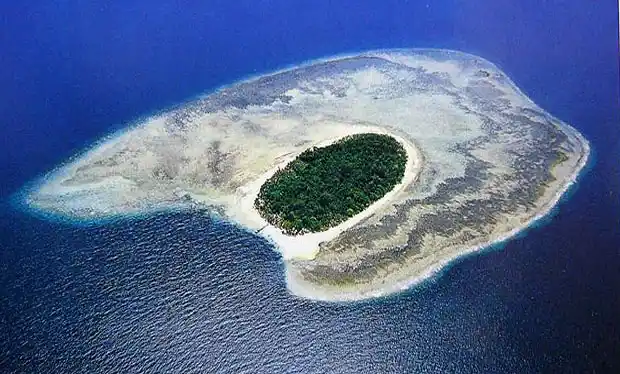 Iconic aerial view of Sipadan Island, a volcanic pinnacle rising from the deep, surrounded by a shallow reef and white sand beach.