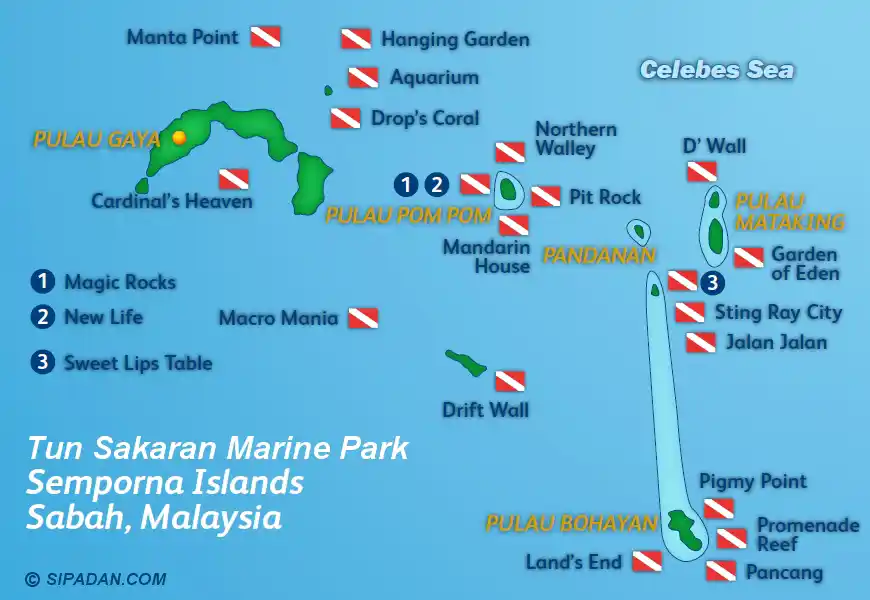 Illustrated dive site map of the Tun Sakaran Marine Park and Semporna Islands, including popular dive areas around Pulau Gaya, Pom Pom, and Mataking.