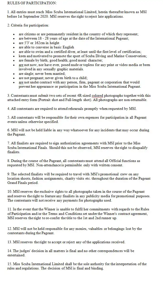 Official rules of participation document for the Miss Scuba International pageant, outlining the criteria for all contestants.