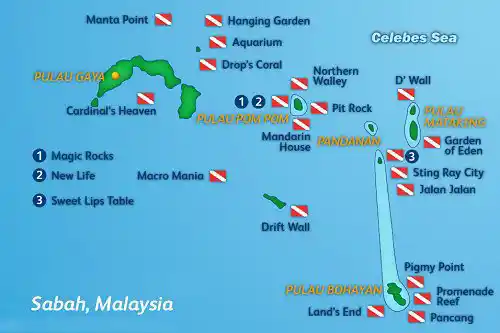 Dive site map of the Pom Pom island region in Sabah, showing dive spots around Pulau Mataking, Pandanan, and Bohayan in the Celebes Sea.