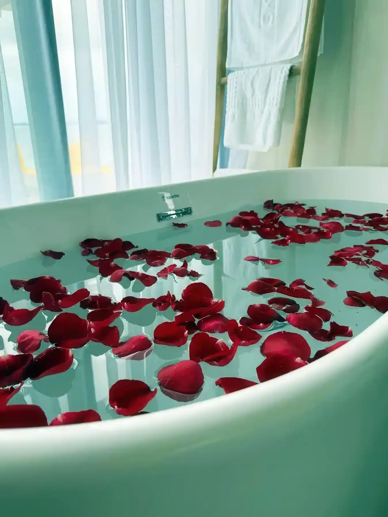 Romantic and luxurious freestanding bathtub at Sky Resort Timbun Mata, filled with water and floating red rose petals for a perfect relaxing soak.