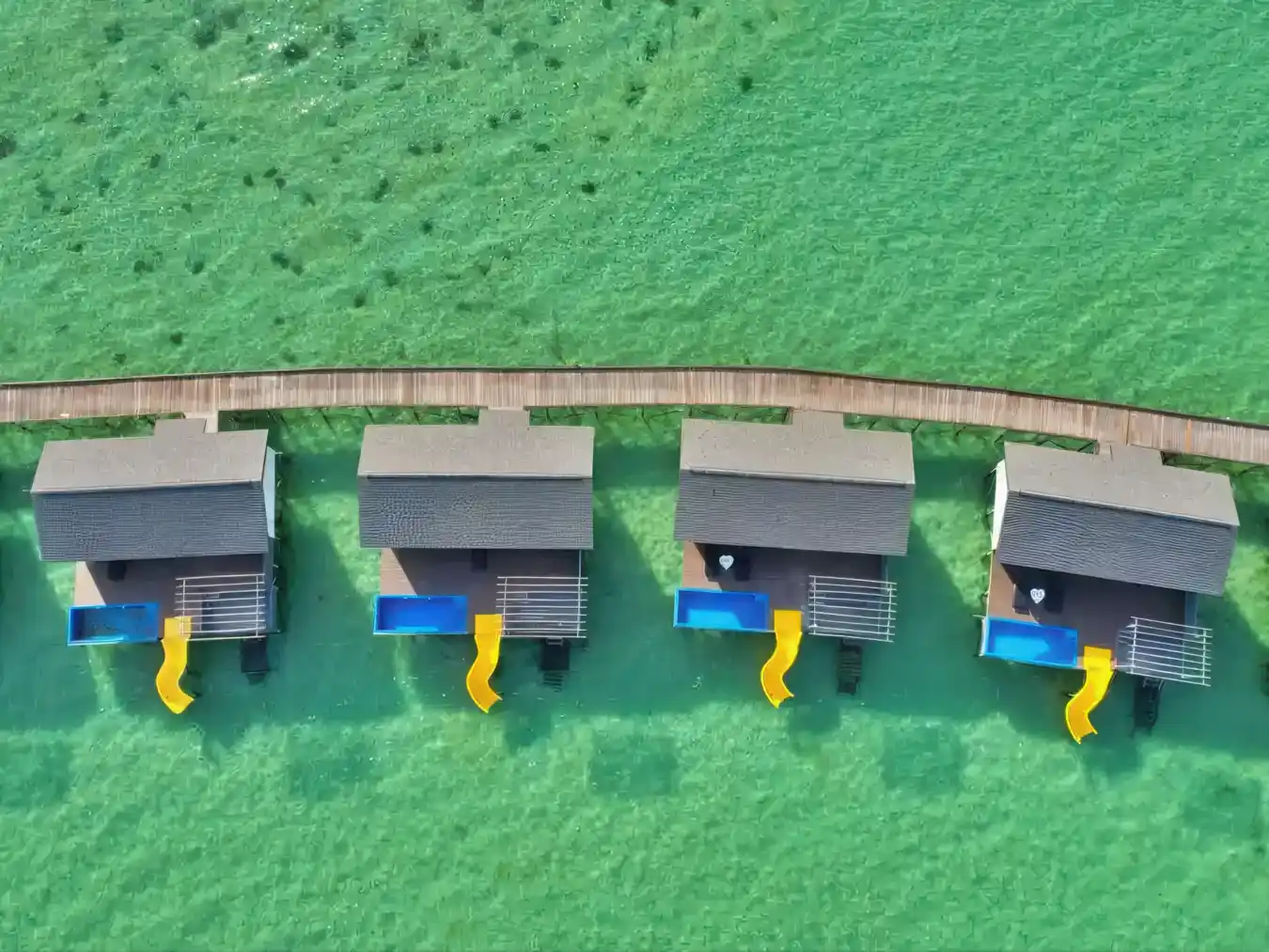 Top-down aerial view of the overwater chalets at Sky Resort Timbun Mata, each with a private pool and yellow water slide over the clear green reef.