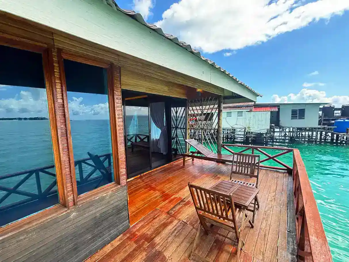 Private sea balcony at a Sky Water Villas chalet, offering a peaceful spot to relax and enjoy the beautiful views near Semporna.